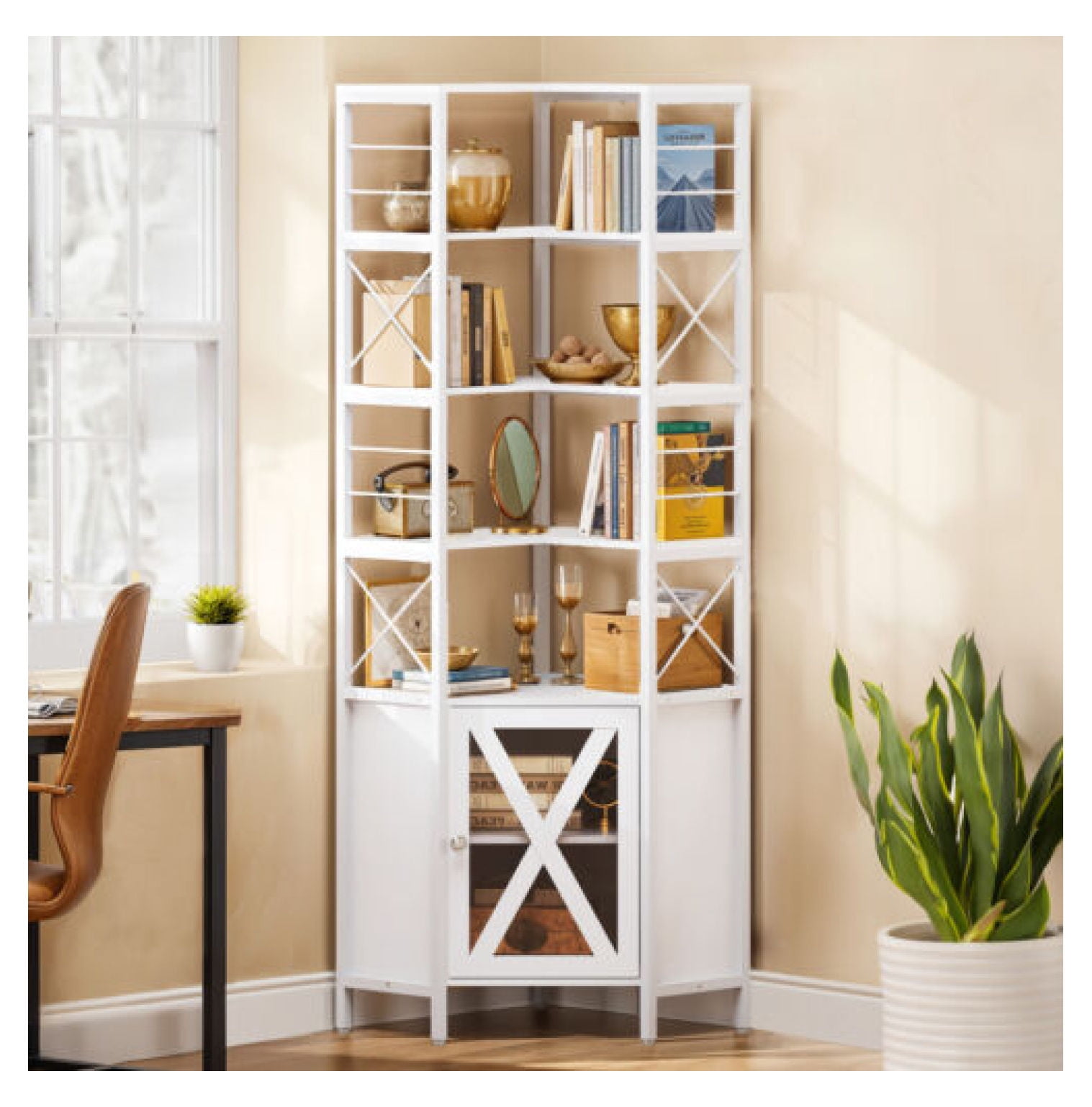 White 7-Tier Corner Bookshelf with Doors and Storage