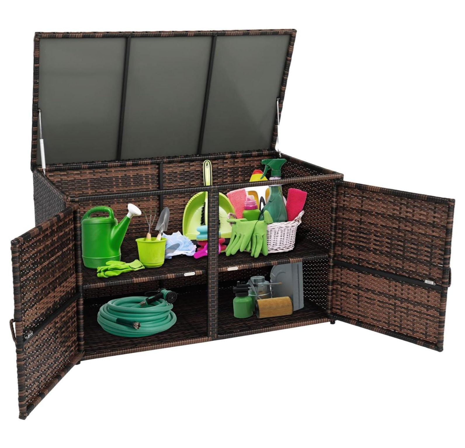 JTAOT 88 Gallon Outdoor Rattan Deck Box w/Openable Doors, Patio Wicker