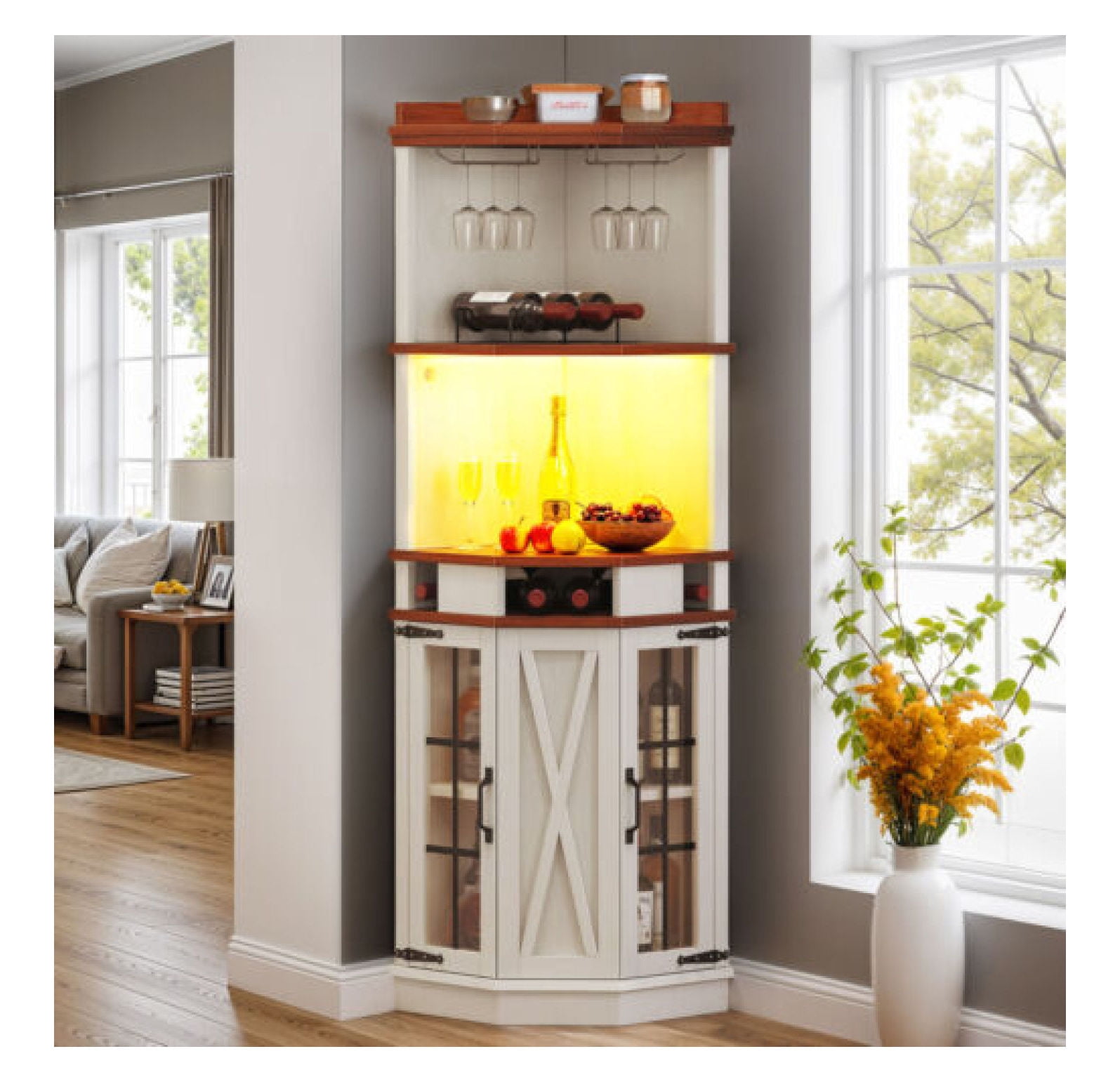 JTAOT Corner Bar Cabinet Wine Liquor Adjustable Shelves With RGB Lights