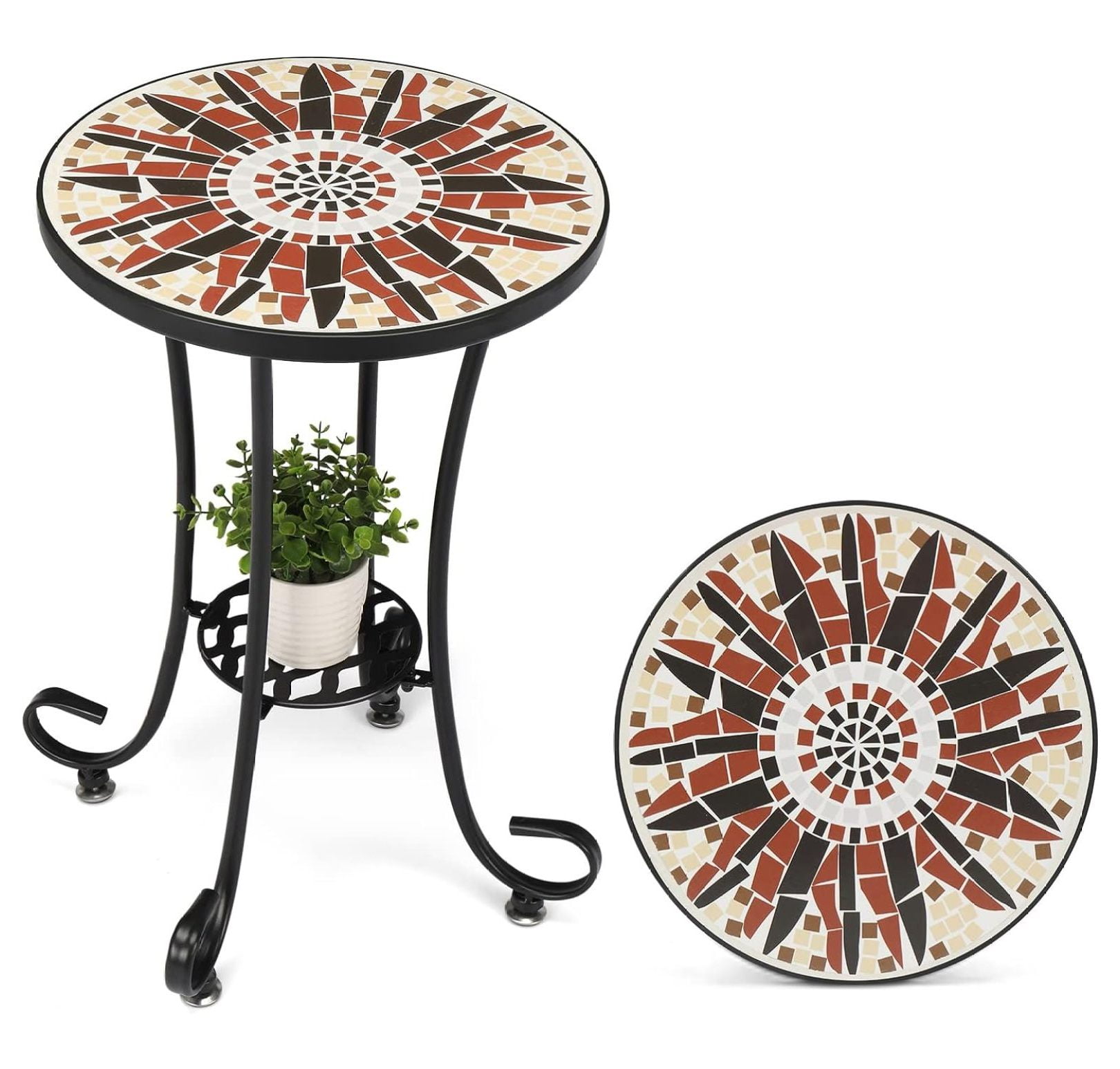14" Round Black Metal Mosaic Outdoor Accent Table with Concrete Top