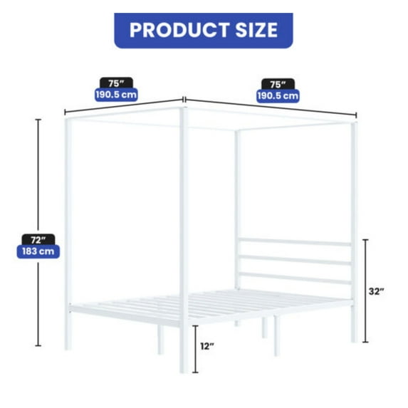 JTAOT Queen Size Canopy Bed Frame White Heavy Duty Metal Slats Platform High Resilient