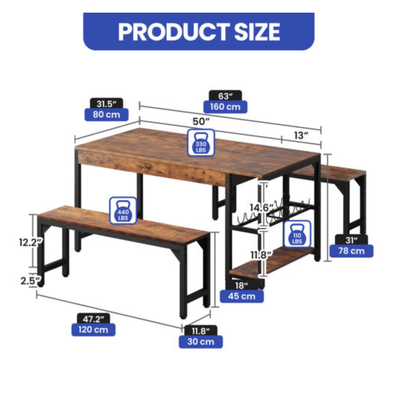 JTAOT Rustic Dining Table Set 3 Long Bench Kitchen Side Storage Shelf ...