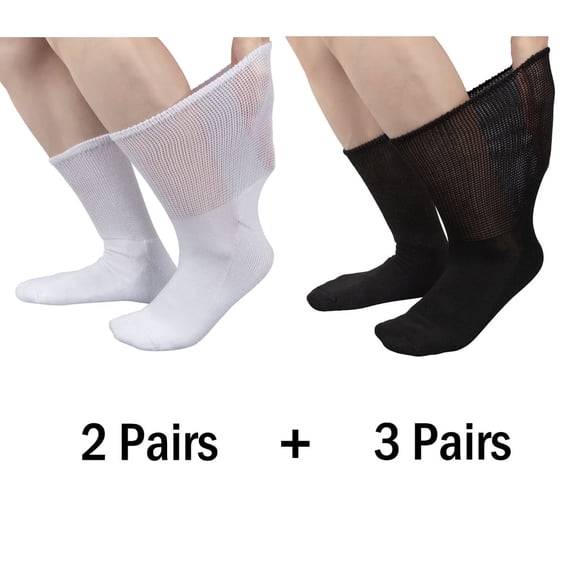 JTCAREERS 5 Pairs Wide Diabetic Socks for Men Women, Plus Size Loose Fit Non-Binding Socks for Edema, Lymphedema, Swollen Feet, Bariatric, Hospital Cast - 2 White & 3 Black