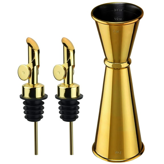 JTCAREERS Jigger for Bartending, Japanese Professional Cocktail Jigger, Jigger 2 OZ 1 OZ with Measurements Inside, Premium 304 Stainless Steel (Gold, 1 Jigger+2 Auto Flip Pourers)