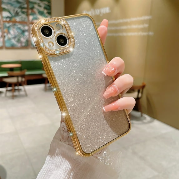 JTCASES Compatible with iPhone 16 Plus Case, Luxury Glitter Rhinestone Bling Diamond Sparkle Shiny Bumper and Camera Lens Design Clear Gradient Cases for Women Girls for iPhone 16 Plus, Gold
