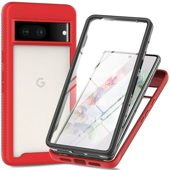 JTCASES for Google Pixel 8 Case with Built-in Screen Protector, 2-Layer Shockproof Back Shell Rugged PC Soft Silicone Bumper Drop Resistant Transparent No-slip Cover, Red