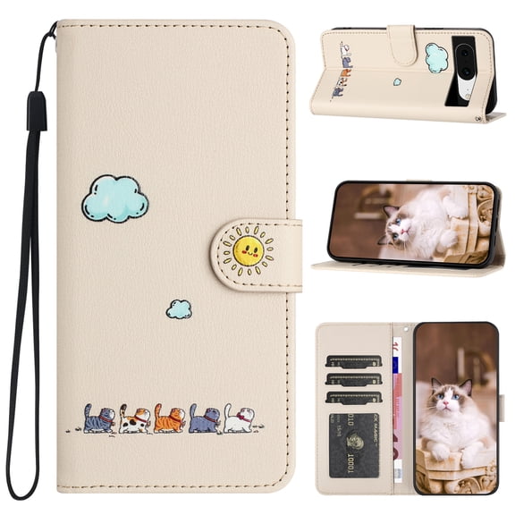 JTCASES for Google Pixel 8 Wallet Case, Lovely Cat Pattern PU Leather Shockproof TPU with Card Slots Cash Pocket Magnetic Closure Removeable Wrisr Strap Stand for Google Pixel 8, Beige