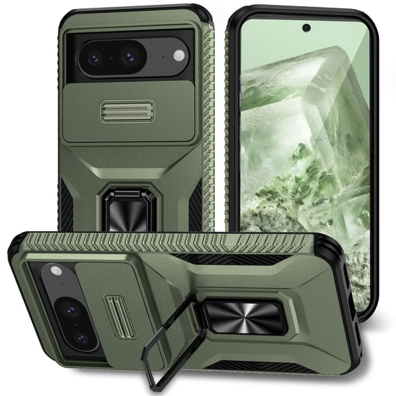 JTCASES for Google Pixel 8A Case, Slide Window + Adjustable Ring Kickstand + Magnetic Car Mount Drop Protection Anti-slip Shockproof Bumper Rugged Shell, Darkgreen