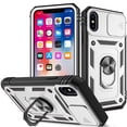 thumbnail image 1 of JTCASES for IPhone X Case, Sliding Camera Cover+ Rotating Ring Kickstand + Magnetic Car Mount + Inside Card Holder, Bracket Shockproof Frame Anti-drop PC TPU Heavy Duty Protection, Black/Silver, 1 of 11