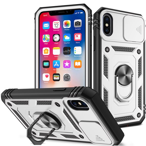 JTCASES for IPhone X Case, Sliding Camera Cover+ Rotating Ring Kickstand + Magnetic Car Mount + Inside Card Holder, Bracket Shockproof Frame Anti-drop PC TPU Heavy Duty Protection, Black/Silver