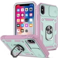 thumbnail image 1 of JTCASES for IPhone X/XS Case, Sliding Camera Cover+ Rotating Ring Kickstand + Magnetic Car Mount + Inside Card Holder, Bracket Shockproof Frame Anti-drop PC TPU Heavy Duty Protection, F-Green/Pink, 1 of 11