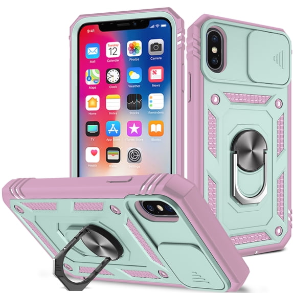 JTCASES for IPhone X/XS Case, Sliding Camera Cover+ Rotating Ring Kickstand + Magnetic Car Mount + Inside Card Holder, Bracket Shockproof Frame Anti-drop PC TPU Heavy Duty Protection, F-Green/Pink