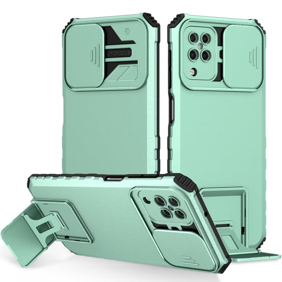 JTCASES for Samsung Galaxy A12 5G Case, Sliding Camera Cover & Foldable Kickstand Shockproof Corners Anti-fall Rugged Anti-slip PC TPU Heavy Duty Protective Hybitd Shell - Lightblue