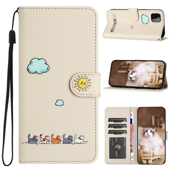 JTCASES for Samsung Galaxy A12 Wallet Case, Lovely Cat Pattern PU Leather Shockproof TPU with Card Slots Cash Pocket Magnetic Closure Removeable Wrisr Strap Stand for A12, Beige
