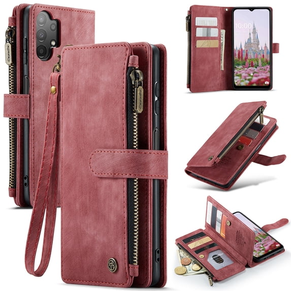 JTCASES for Samsung Galaxy A13 5G Wallet Case with Zipper Purse Card Holders Flip Stand Wrist Strap Magnetic Closure PU Leather Anti-scratch Support Wireless Charging Drop Resistant Shell, Red