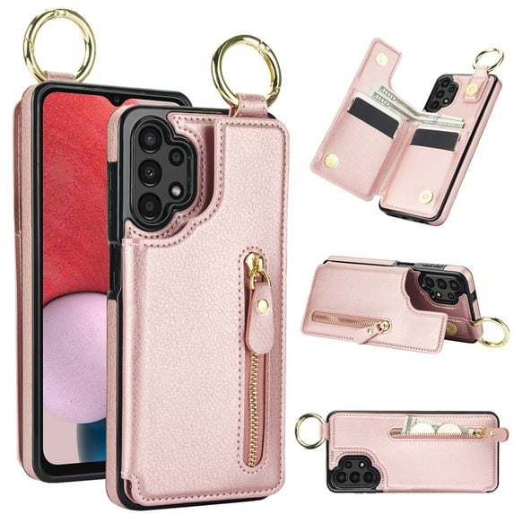 JTCASES for Samsung Galaxy A52 5G Case, PU Leather Lychee Pattern Zipper Purse Finger Ring Buckle Card Slots Stand Shell for A52 5G Wear-resistant Shockproof Wallet Cover, Rosegold