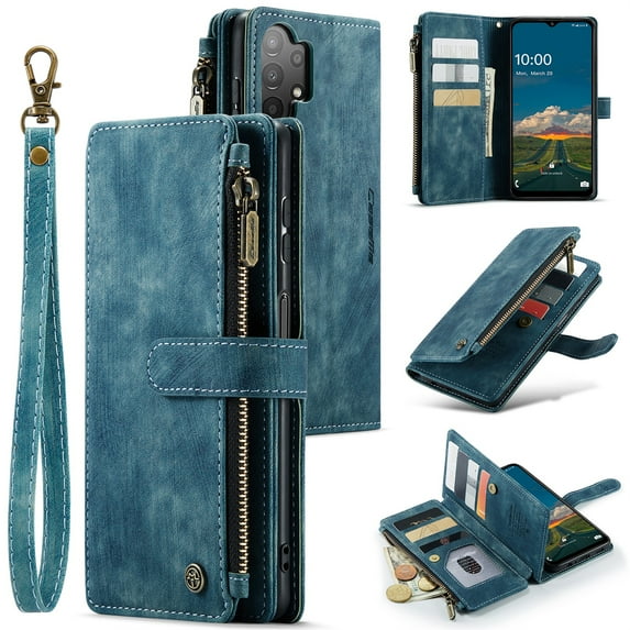 JTCASES for Samsung Galaxy A52 5G Wallet Case with Zipper Purse Card Holders Flip Stand Wrist Strap Magnetic Closure PU Leather Anti-scratch Support Wireless Charging Drop Resistant Shell, Blue