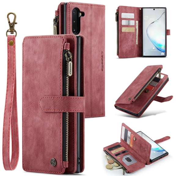 JTCASES for Samsung Galaxy Note 10 Wallet Case with Zipper Purse Card Holders Flip Stand Wrist Strap Magnetic Closure PU Leather Anti-scratch Support Wireless Charging Drop Resistant Shell, Red
