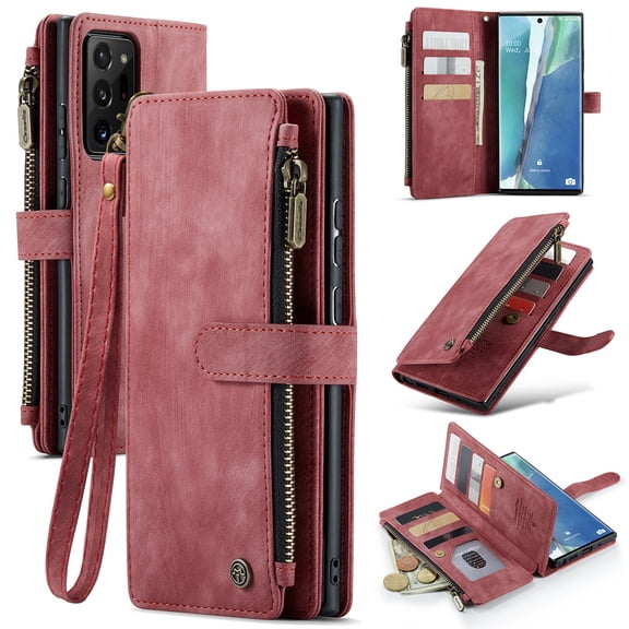 JTCASES for Samsung Galaxy Note 20 Ultra Wallet Case with Zipper Purse Card Holders Flip Stand Wrist Strap Magnetic Closure PU Leather Anti-scratch Support Wireless Charging Drop Resistant Shell, Red