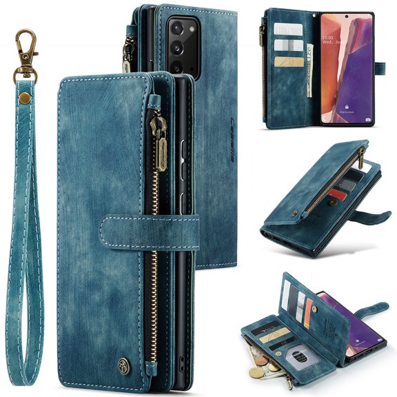 JTCASES for Samsung Galaxy Note 20 Wallet Case with Zipper Purse Card Holders Flip Stand Wrist Strap Magnetic Closure PU Leather Anti-scratch Support Wireless Charging Drop Resistant Shell, Blue