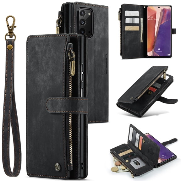 JTCASES for Samsung Galaxy Note 20 Wallet Case with Zipper Purse Card Holders Flip Stand Wrist Strap Magnetic Closure PU Leather Anti-scratch Support Wireless Charging Drop Resistant Shell, Black