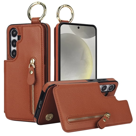 JTCASES for Samsung Galaxy S20 Plus Case, PU Leather Lychee Pattern Zipper Purse Finger Ring Buckle Card Slots Stand Shell for Samsung Galaxy S20 Plus Wear-resistant Shockproof Wallet Cover, Brown