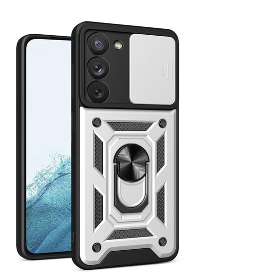 JTCASES for Samsung Galaxy S21 Case with Sliding Lens Window Magnetic Car Mount Rotating Kickstand Hybird 3-layer Non-slipping Military-grade Protection Shell, Silver