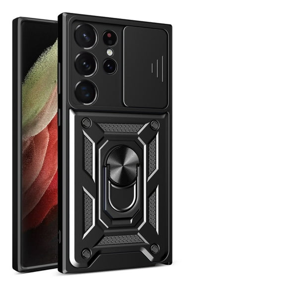 JTCASES for Samsung Galaxy S21 Ultra Case with Sliding Lens Window Magnetic Car Mount Rotating Kickstand Hybird 3-layer Non-slipping Military-grade Protection Shell, Black