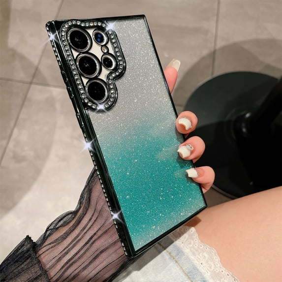 JTCASES for Samsung Galaxy S22 5G Case (6.1 inch/2022), Luxury Glitter Rhinestone Bling Diamond Sparkle Shiny Bumper and Camera Lens Design Clear Gradient Cases for Women Girls, Darkgreen
