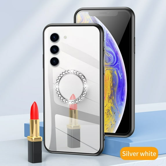 JTCASES for Samsung Galaxy S22 Case, Glitter Diamond Ring Kickstand Mirror Backplane Make-up Women Girls Bling Luxury Phone Stand Cover Shockproof Anti-fall, Silver