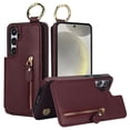thumbnail image 1 of JTCASES for Samsung Galaxy S22 Case, PU Leather Lychee Pattern Zipper Purse Finger Ring Buckle Card Slots Stand Shell for Samsung Galaxy S22 Wear-resistant Shockproof Wallet Cover, Jujubered, 1 of 8