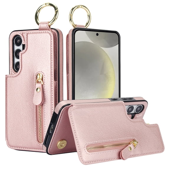 JTCASES for Samsung Galaxy S22 Case, PU Leather Lychee Pattern Zipper Purse Finger Ring Buckle Card Slots Stand Shell for Samsung Galaxy S22 Wear-resistant Shockproof Wallet Cover, Rosegold