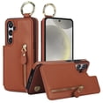 thumbnail image 1 of JTCASES for Samsung Galaxy S22 Case, PU Leather Lychee Pattern Zipper Purse Finger Ring Buckle Card Slots Stand Shell for Samsung Galaxy S22 Wear-resistant Shockproof Wallet Cover, Brown, 1 of 8
