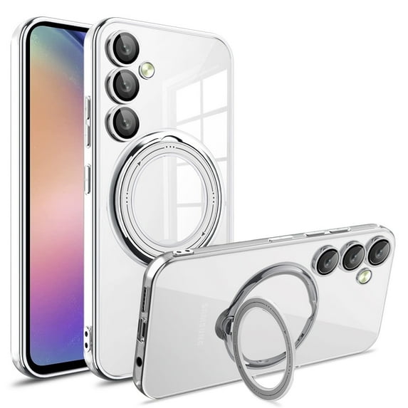 JTCASES for Samsung Galaxy S22 Plus Case, Crystal-clear TPU Backplane with Adjustable Ring Bracket Lens Film Protection Support MagSafe Shockproof Hybird Shell, Silver