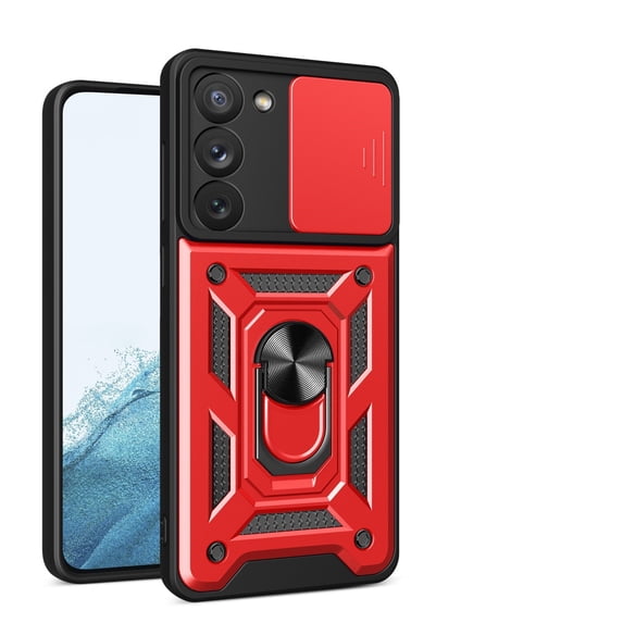JTCASES for Samsung Galaxy S22 Plus Case with Sliding Lens Window Magnetic Car Mount Rotating Kickstand Hybird 3-layer Non-slipping Military-grade Protection Shell, Red