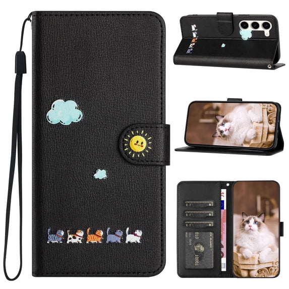 JTCASES for Samsung Galaxy S22 Plus Wallet Case, Lovely Cat Pattern PU Leather Shockproof TPU with Card Slots Cash Pocket Magnetic Closure Removeable Wrisr Strap Stand for S22 Plus, Black