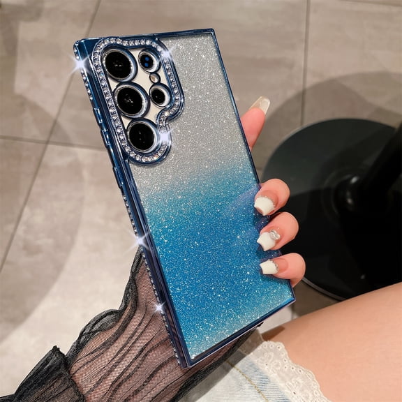 JTCASES for Samsung Galaxy S22 Ultra 5G Case (6.8 inch/2022), Luxury Glitter Rhinestone Bling Diamond Sparkle Shiny Bumper and Camera Lens Design Clear Gradient Cases for Women Girls, Blue