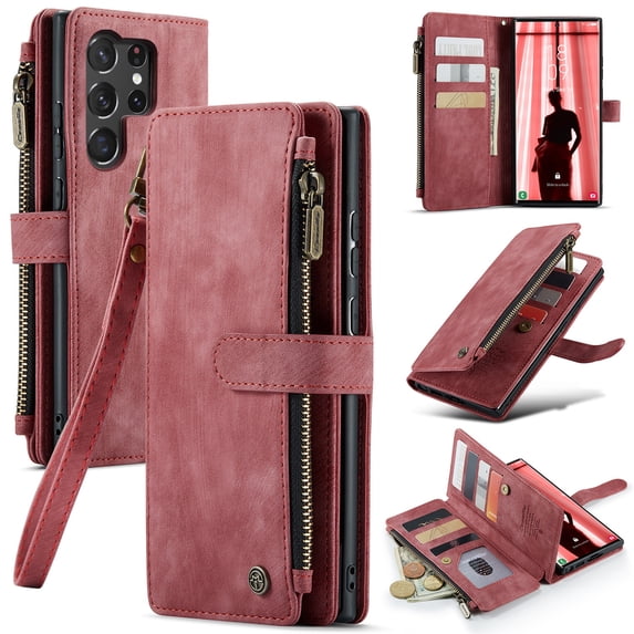 JTCASES for Samsung Galaxy S22 Ultra 5G Wallet Case with Zipper Purse Card Holders Flip Stand Wrist Strap Magnetic Closure PU Leather Anti-scratch Support Wireless Charging Drop Resistant Shell, Red
