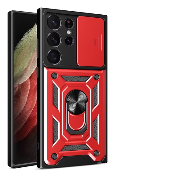 JTCASES for Samsung Galaxy S22 Ultra Case with Sliding Lens Window Magnetic Car Mount Rotating Kickstand Hybird 3-layer Non-slipping Military-grade Protection Shell, Red