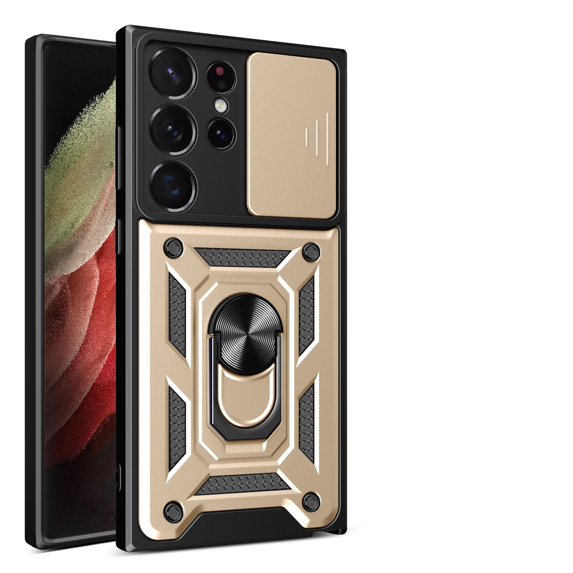 JTCASES for Samsung Galaxy S22 Ultra Case with Sliding Lens Window Magnetic Car Mount Rotating Kickstand Hybird 3-layer Non-slipping Military-grade Protection Shell, Gold