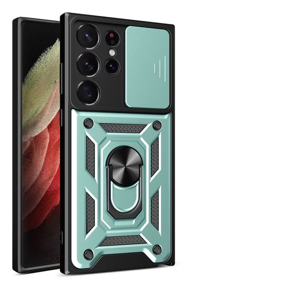 JTCASES for Samsung Galaxy S22 Ultra Case with Sliding Lens Window Magnetic Car Mount Rotating Kickstand Hybird 3-layer Non-slipping Military-grade Protection Shell, Green