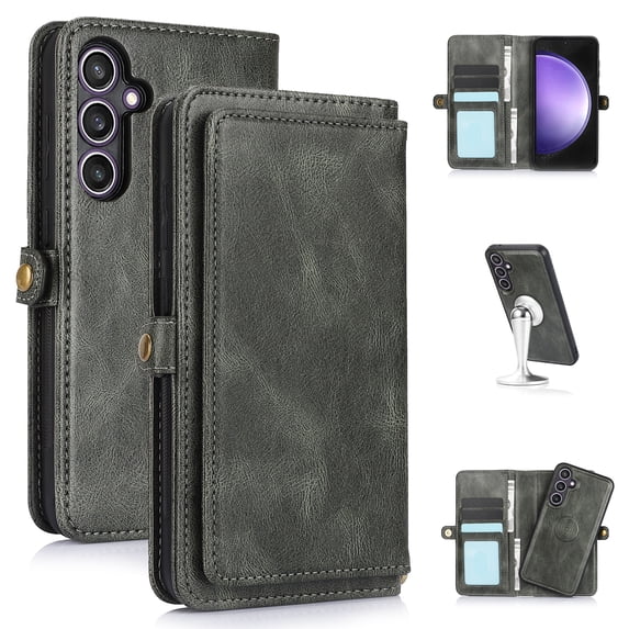 JTCASES for Samsung Galaxy S22 Wallet Case, Detachable Back Magnetic Closure 2-in-1 Shockproof Purse Cover with Card Slots, Faux PU Leather Flip Stand Wristlet Strap Shockproof Cover, Green