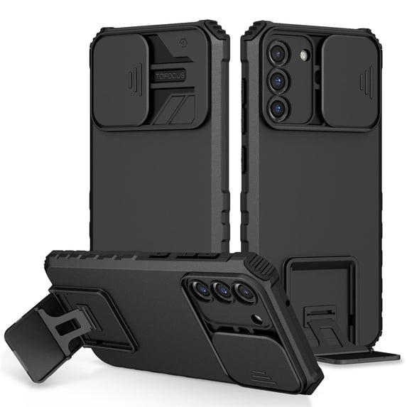 JTCASES for Samsung Galaxy S23 Case, Sliding Camera Cover & Foldable Kickstand Shockproof Corners Anti-fall Rugged Anti-slip PC TPU Heavy Duty Protective Hybitd Shell - Black