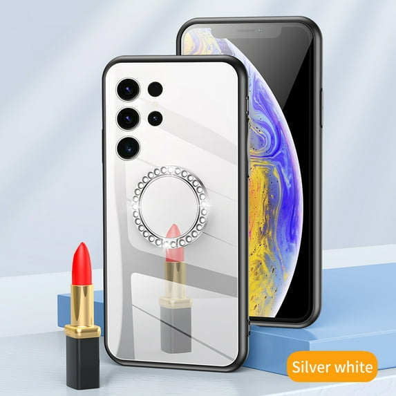 JTCASES for Samsung Galaxy S23 Ultra Case, Glitter Diamond Ring Kickstand Mirror Backplane Make-up Women Girls Bling Luxury Phone Stand Cover Shockproof Anti-fall, Silver
