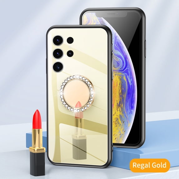 JTCASES for Samsung Galaxy S23 Ultra Case, Glitter Diamond Ring Kickstand Mirror Backplane Make-up Women Girls Bling Luxury Phone Stand Cover Shockproof Anti-fall, Gold