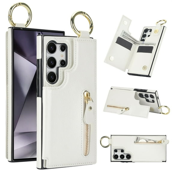 JTCASES for Samsung Galaxy S23 Ultra Case, PU Leather Lychee Pattern Zipper Purse Finger Ring Buckle Card Slots Stand Shell for S23 Ultra Wear-resistant Shockproof Wallet Cover, White