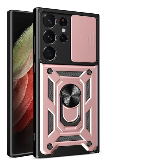 JTCASES for Samsung Galaxy S23 Ultra Case with Sliding Lens Window Magnetic Car Mount Rotating Kickstand Hybird 3-layer Non-slipping Military-grade Protection Shell, Rosegold