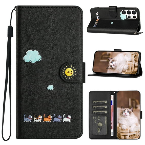 JTCASES for Samsung Galaxy S23 Ultra Wallet Case, Lovely Cat Pattern PU Leather Shockproof TPU with Card Slots Cash Pocket Magnetic Closure Removeable Wrisr Strap Stand for S23 Ultra, Black