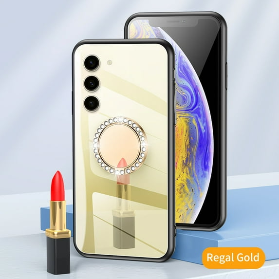 JTCASES for Samsung Galaxy S24 Case, Glitter Diamond Ring Kickstand Mirror Backplane Make-up Women Girls Bling Luxury Phone Stand Cover Shockproof Anti-fall, Gold