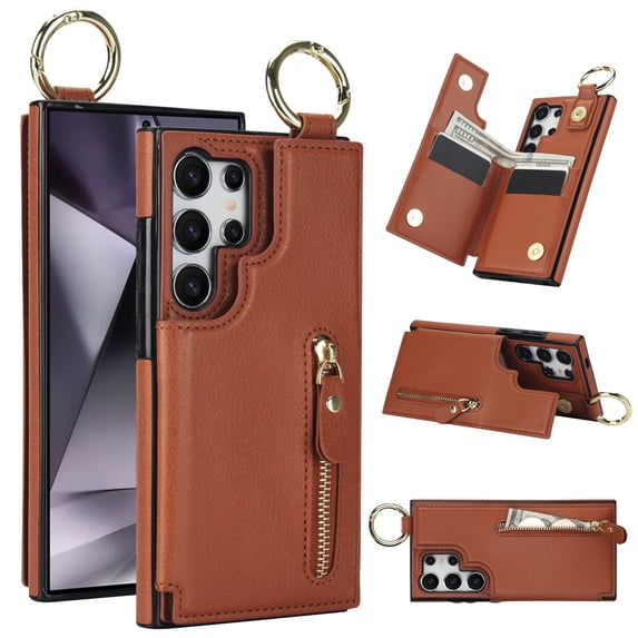 JTCASES for Samsung Galaxy S24 Ultra Case, PU Leather Lychee Pattern Zipper Purse Finger Ring Buckle Card Slots Stand Shell for S24 Ultra Wear-resistant Shockproof Wallet Cover, Brown